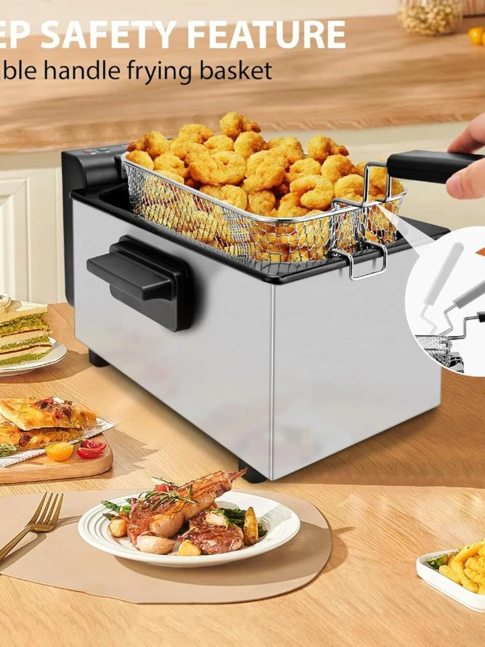 Deep Fryer 3 L Capacity with Basket Adjustable Temperature Stainless Steel